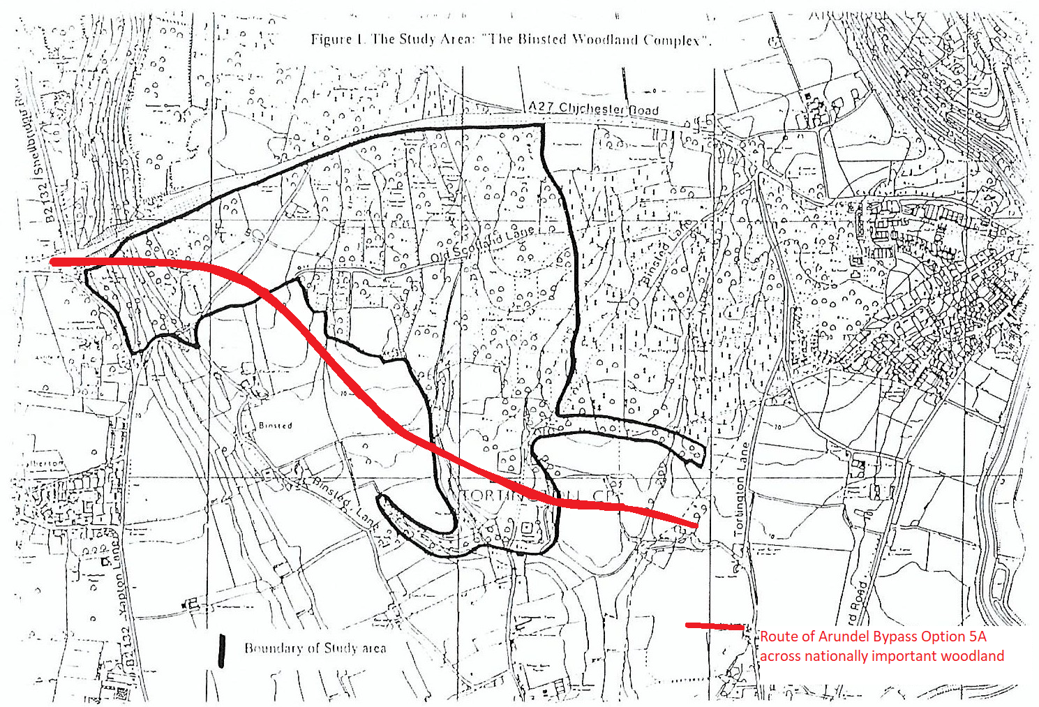 Route of Arundel Bypass across important woodland